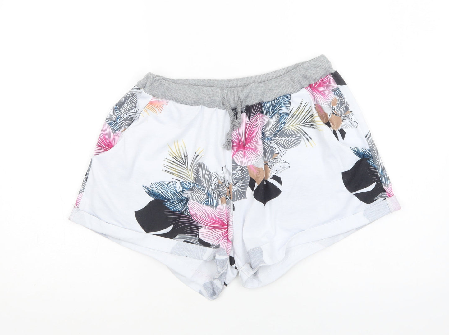Preworn Womens White Floral Polyester Bermuda Shorts Size L L4 in Regular Drawstring