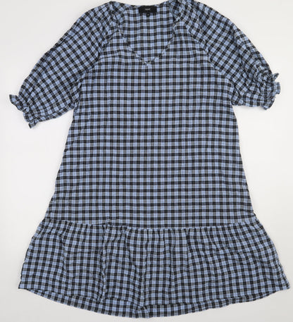 Next Womens Blue Check Cotton A-Line  Size 10  V-Neck Pullover