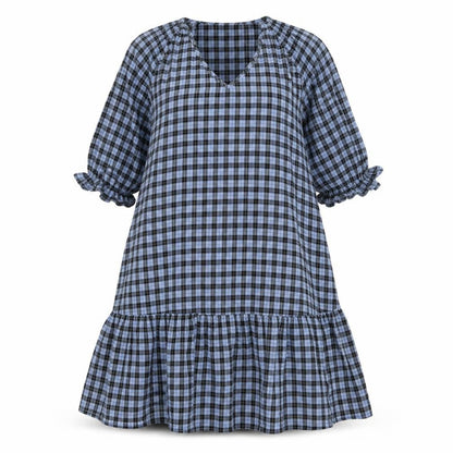 Next Womens Blue Check Cotton A-Line  Size 10  V-Neck Pullover