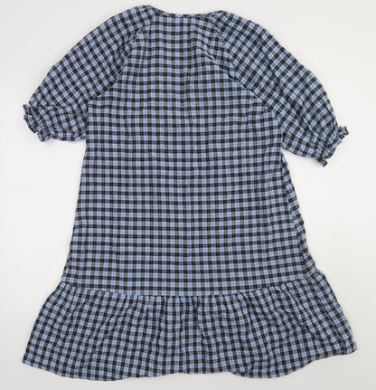 Next Womens Blue Check Cotton A-Line  Size 10  V-Neck Pullover