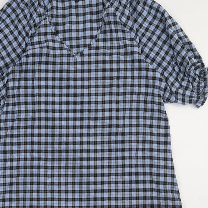 Next Womens Blue Check Cotton A-Line  Size 10  V-Neck Pullover