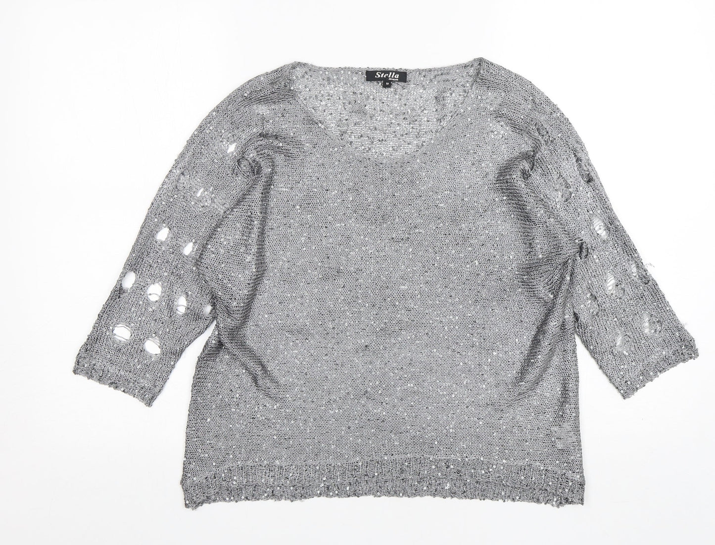 Stella Morgan Womens Silver Round Neck  Polyester Pullover Jumper Size 10
