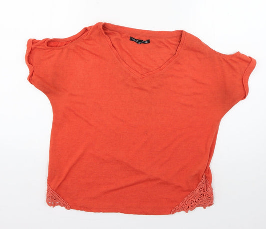 NEXT Womens Orange  Polyester Basic T-Shirt Size 8 V-Neck - crochet detail