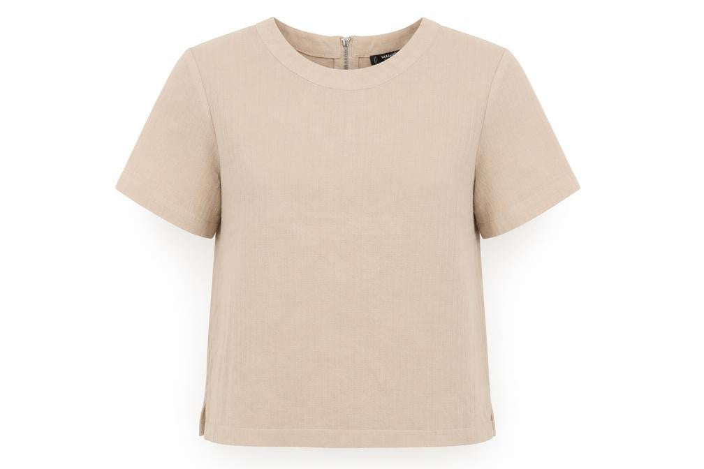 Mango Womens Beige  Polyester Basic Blouse Size S Crew Neck