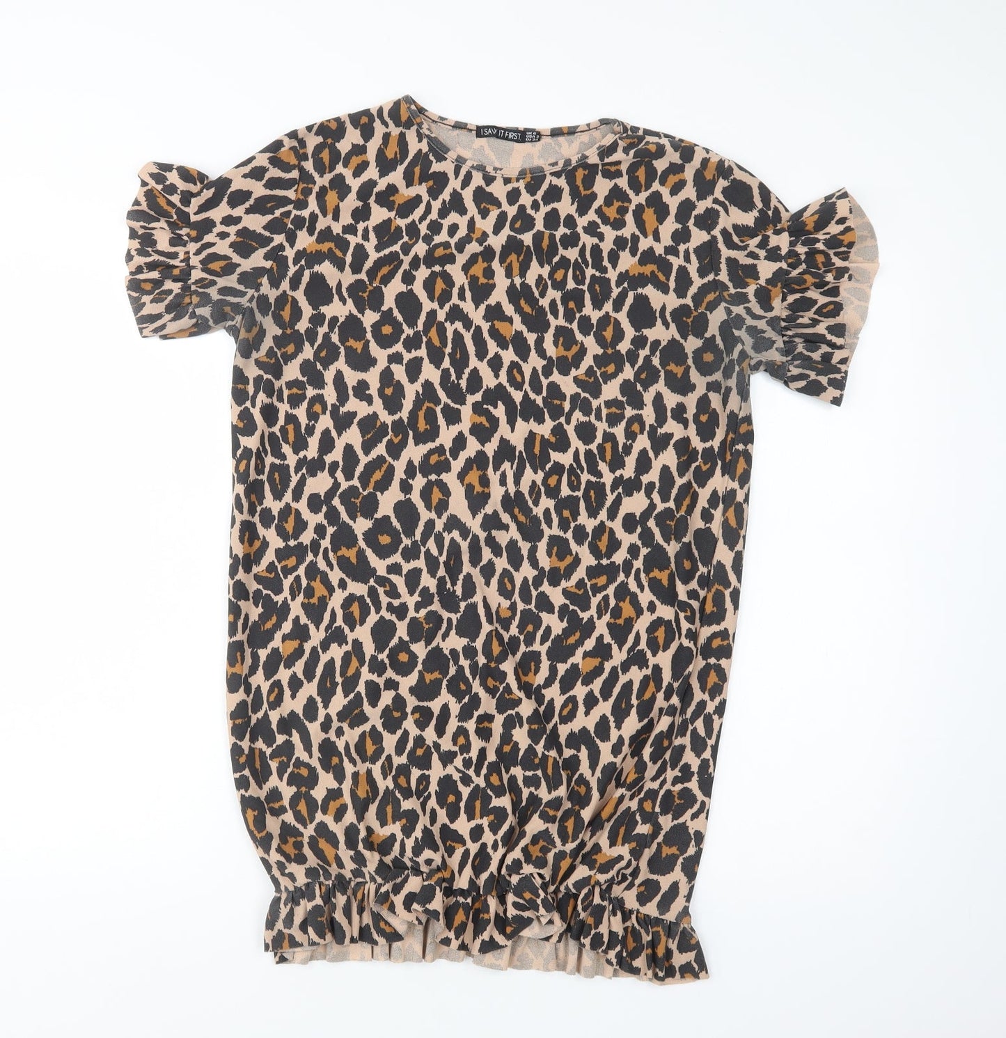 I Saw It First  Womens Brown Animal Print Polyester T-Shirt Dress  Size 6  Crew Neck