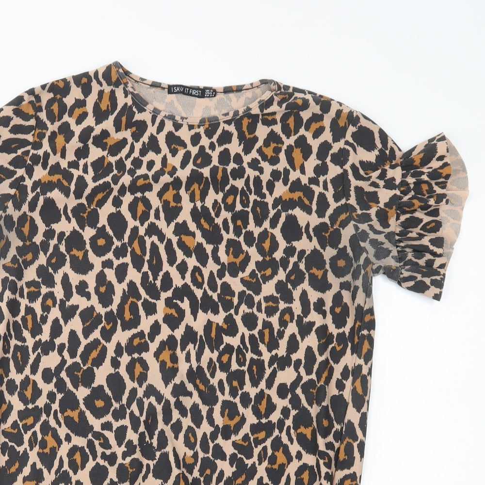 I Saw It First  Womens Brown Animal Print Polyester T-Shirt Dress  Size 6  Crew Neck