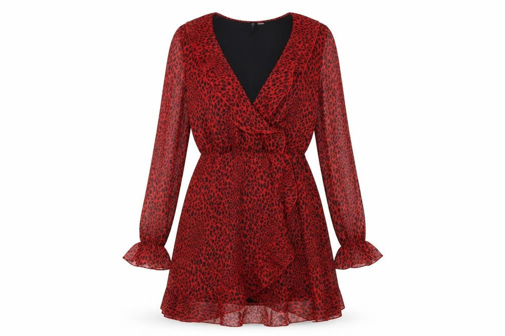 H&M Womens Red Animal Print Polyester Fit & Flare  Size 6  V-Neck