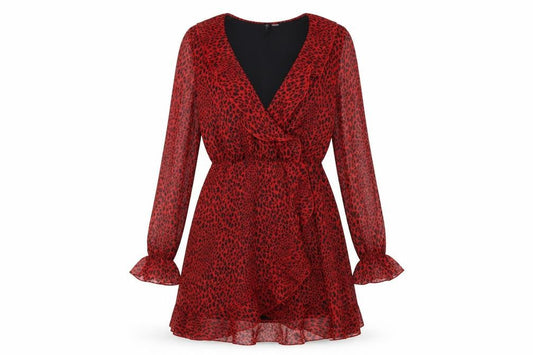 H&M Womens Red Animal Print Polyester Fit & Flare  Size 6  V-Neck