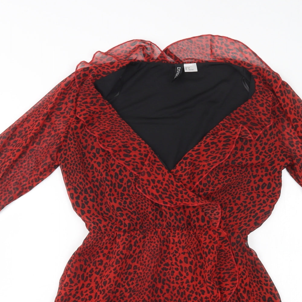 H&M Womens Red Animal Print Polyester Fit & Flare  Size 6  V-Neck