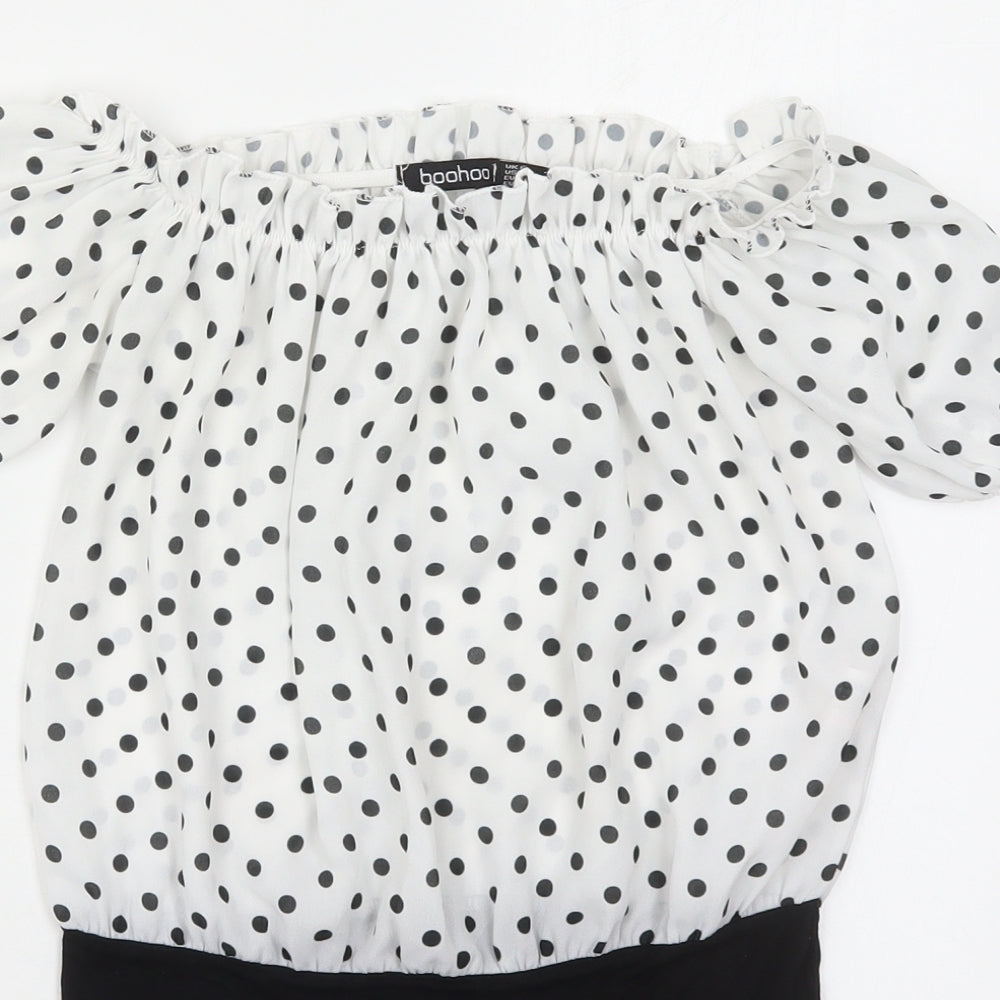 Boohoo Womens White Polka Dot Polyester Bodysuit One-Piece Size 6  Pullover - Black and White