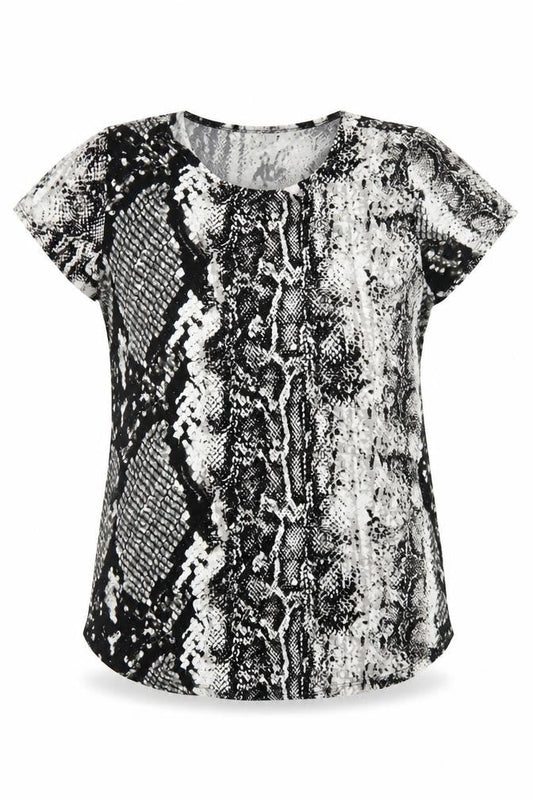 Real Woman Womens Black Animal Print Viscose Basic T-Shirt Size M Round Neck