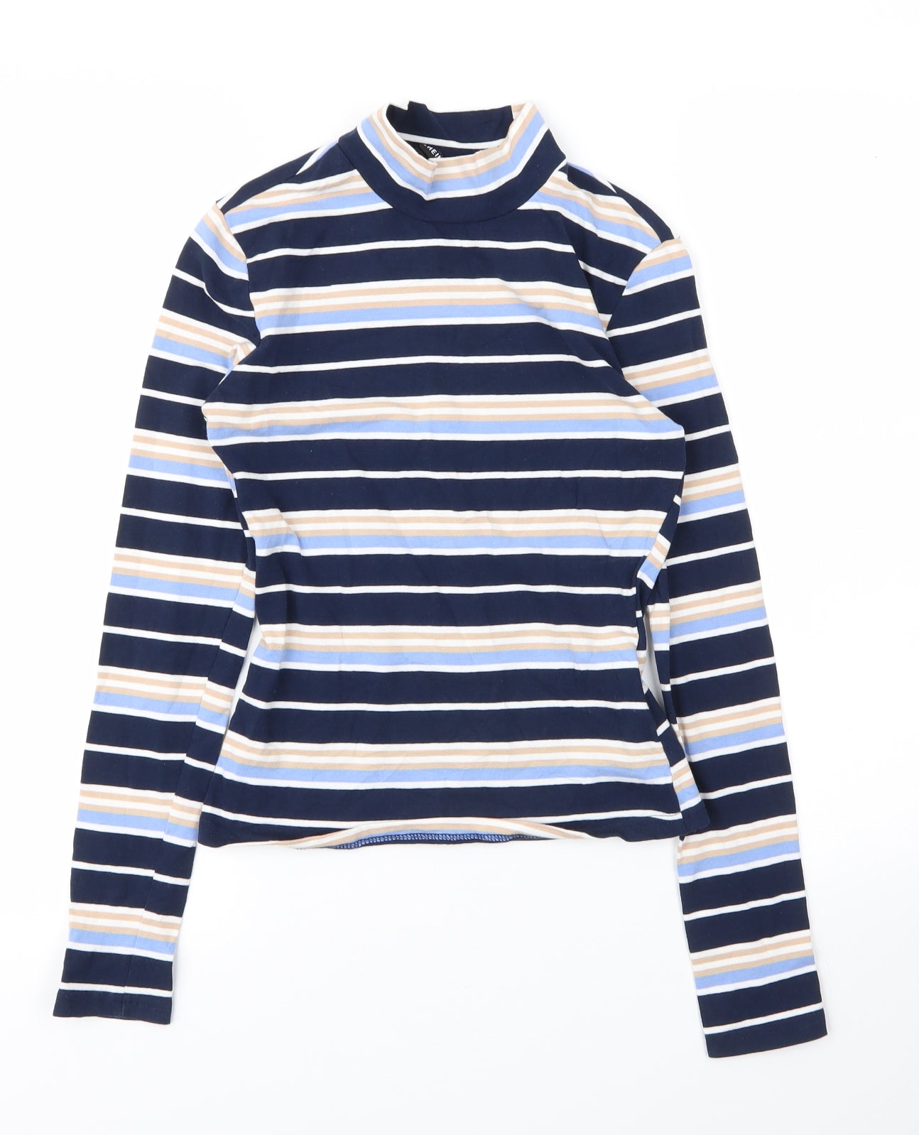 SheIn Womens Blue Striped Cotton Basic T-Shirt Size XS Mock Neck