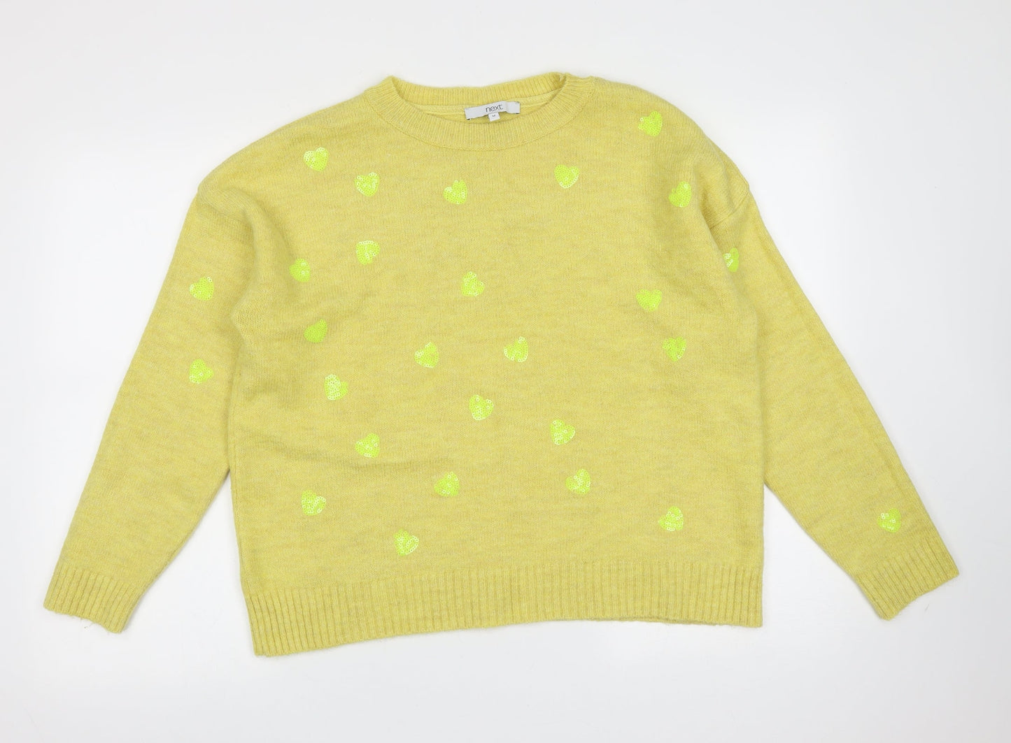 NEXT Womens Yellow Round Neck  Acrylic Pullover Jumper Size M   - heart pattern