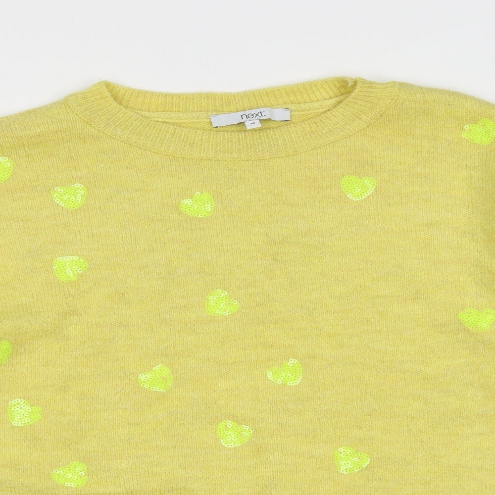 NEXT Womens Yellow Round Neck  Acrylic Pullover Jumper Size M   - heart pattern