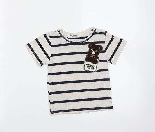 Preworn Boys Beige Striped Cotton Basic T-Shirt Size 5 Years Round Neck  - bear