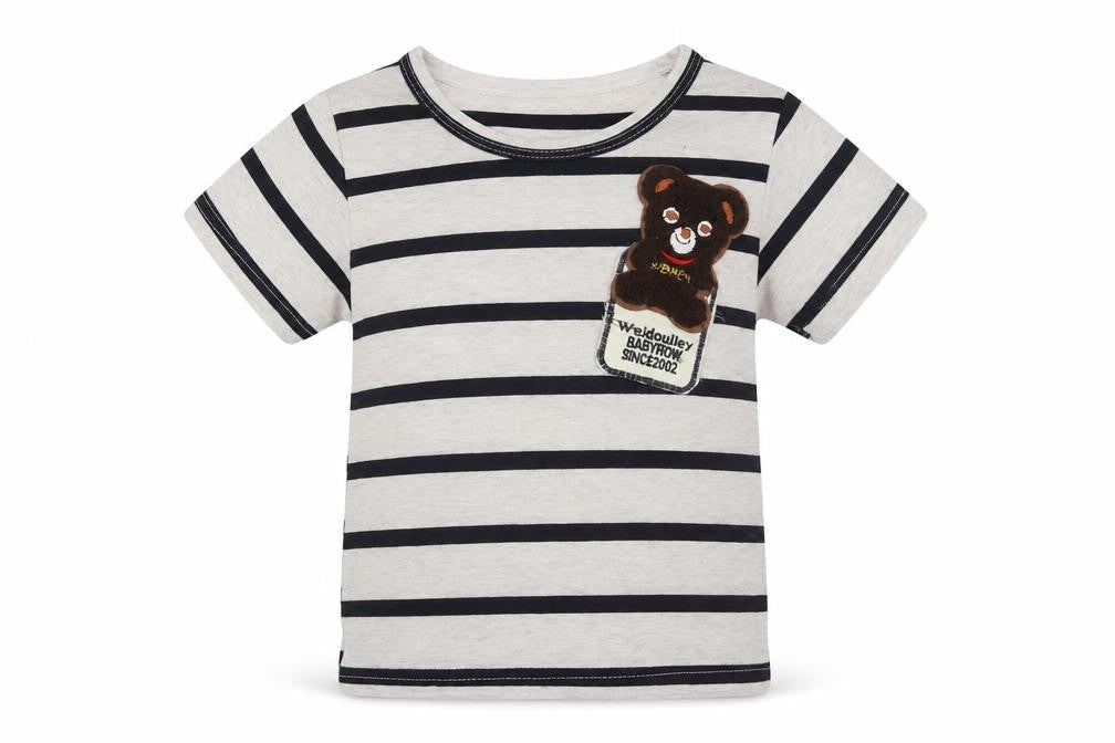 Preworn Boys Beige Striped Cotton Basic T-Shirt Size 5 Years Round Neck  - bear