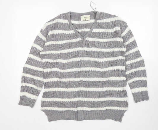 Papaya Womens Grey V-Neck Striped Acrylic Pullover Jumper Size M