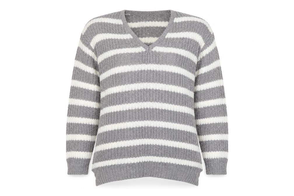 Papaya Womens Grey V-Neck Striped Acrylic Pullover Jumper Size M