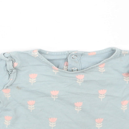 Preloved TU Baby Blue Floral Cotton Basic Blouse Size 9-12 Months Crew Neck Snap - Detail