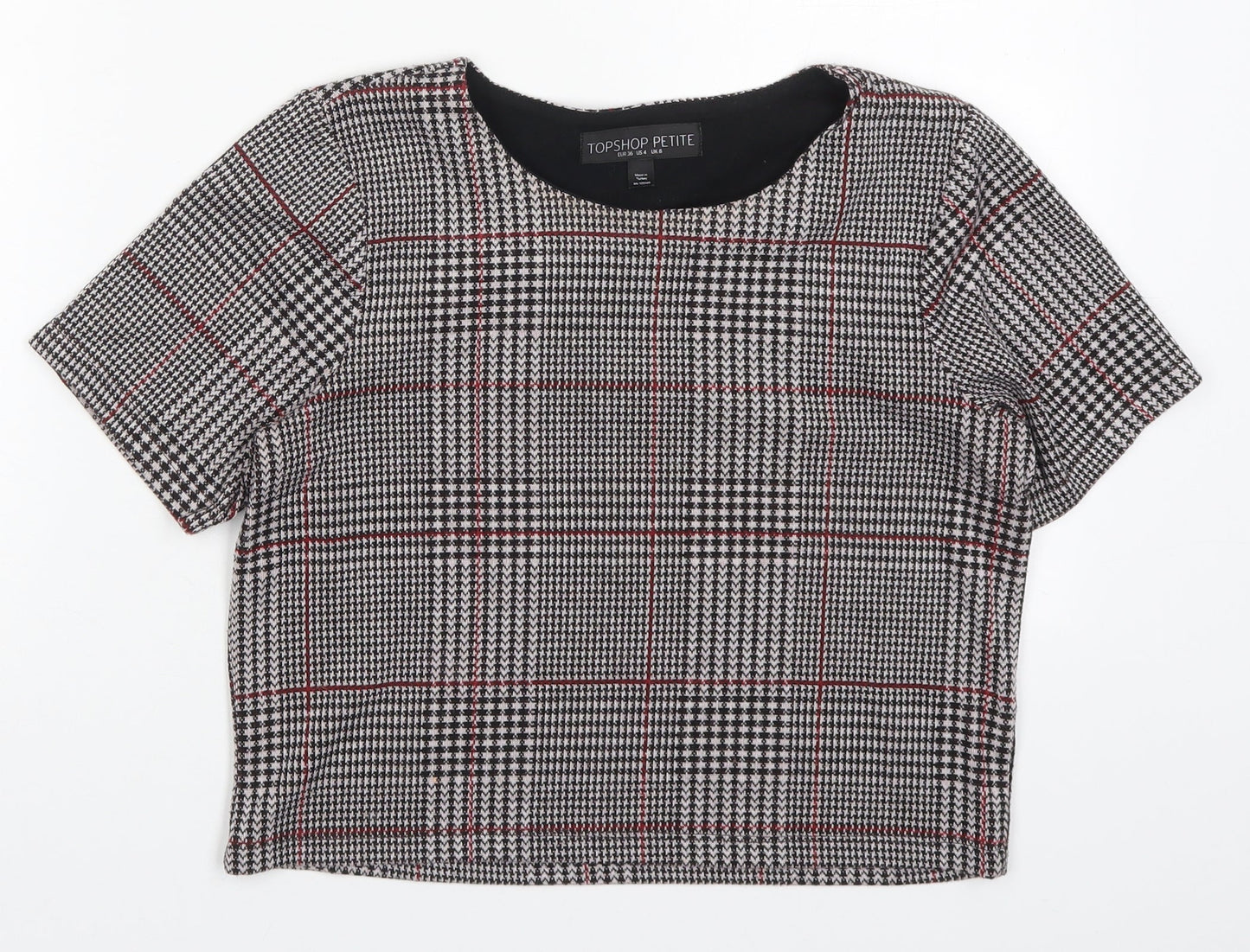 Topshop Womens Black Houndstooth Polyester Cropped T-Shirt Size 8 Round Neck