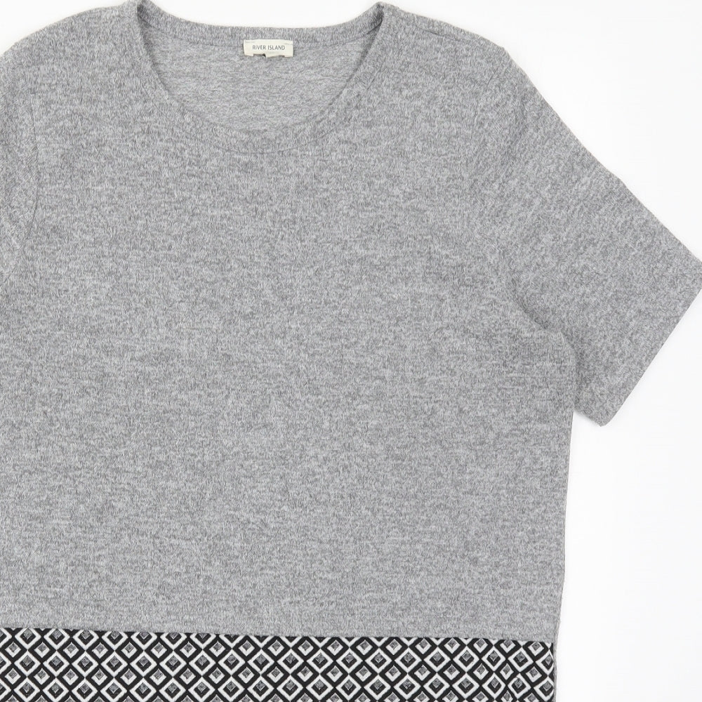River Island Womens Grey Geometric Viscose Basic T-Shirt Size 10 Round Neck