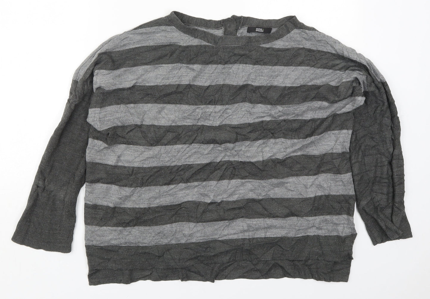 Marks and Spencer Womens Grey Round Neck Striped Acrylic Pullover Jumper Size 10