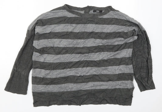 Marks and Spencer Womens Grey Round Neck Striped Acrylic Pullover Jumper Size 10