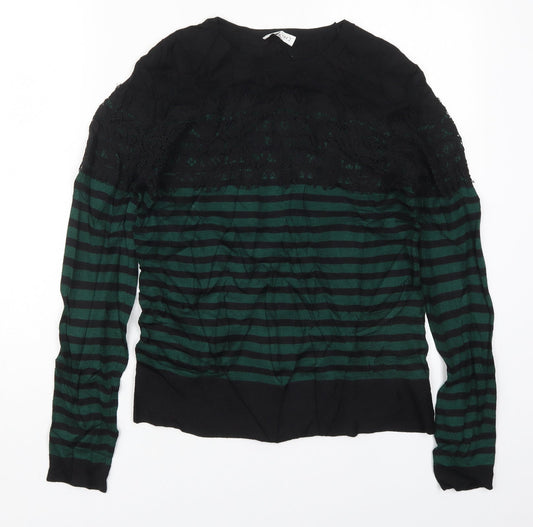 Warehouse Womens Green Round Neck Striped Viscose Pullover Jumper Size 10