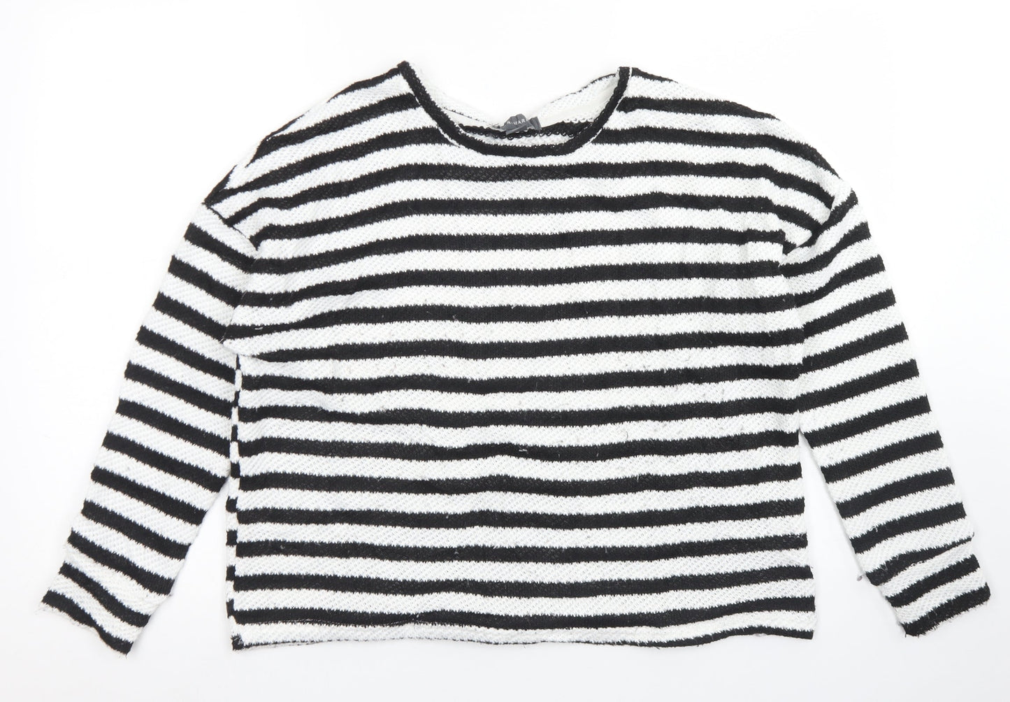 Primark Womens White Crew Neck Striped Polyester Pullover Jumper Size M   - Cropped