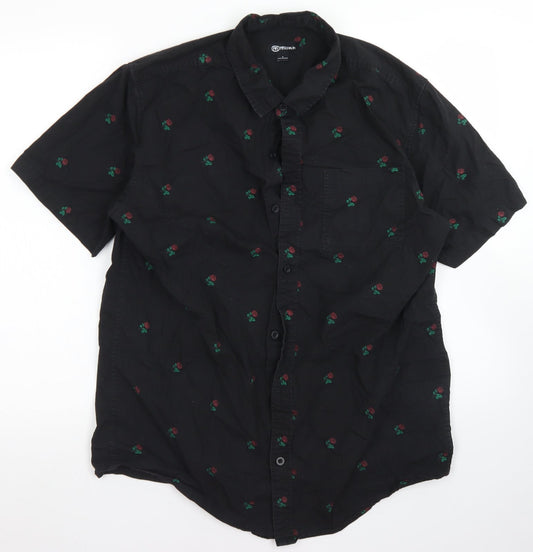 Moah Mens Black Floral Cotton  Button-Up Size L Collared Button