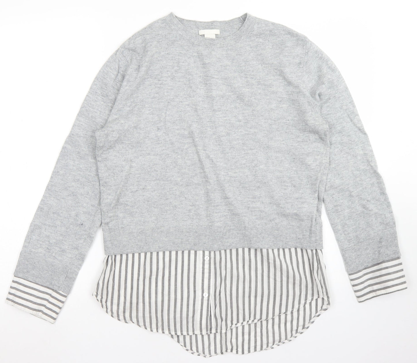 H&M Womens Grey Striped Cotton Basic Blouse Size XS Crew Neck
