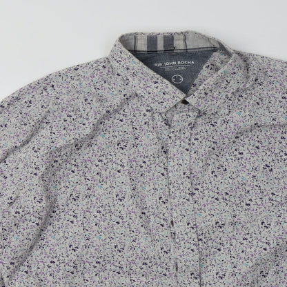 Preloved Debenhams Mens Grey Geometric Cotton  Button-Up Size XL Collared Button - Detail