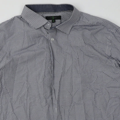 Preloved Debenhams Mens Blue Geometric Cotton  Button-Up Size M Collared Button - Detail