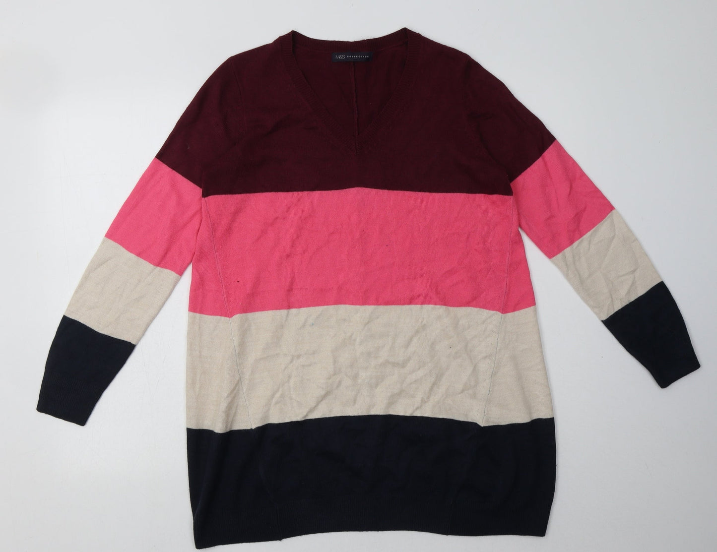 Marks and Spencer Womens Multicoloured Striped Acrylic Jumper Dress  Size 10  V-Neck Pullover