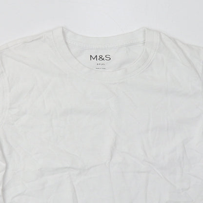 Preloved Marks and Spencer Girls White  Cotton Basic T-Shirt Size 8-9 Years Crew Neck Pullover - Detail