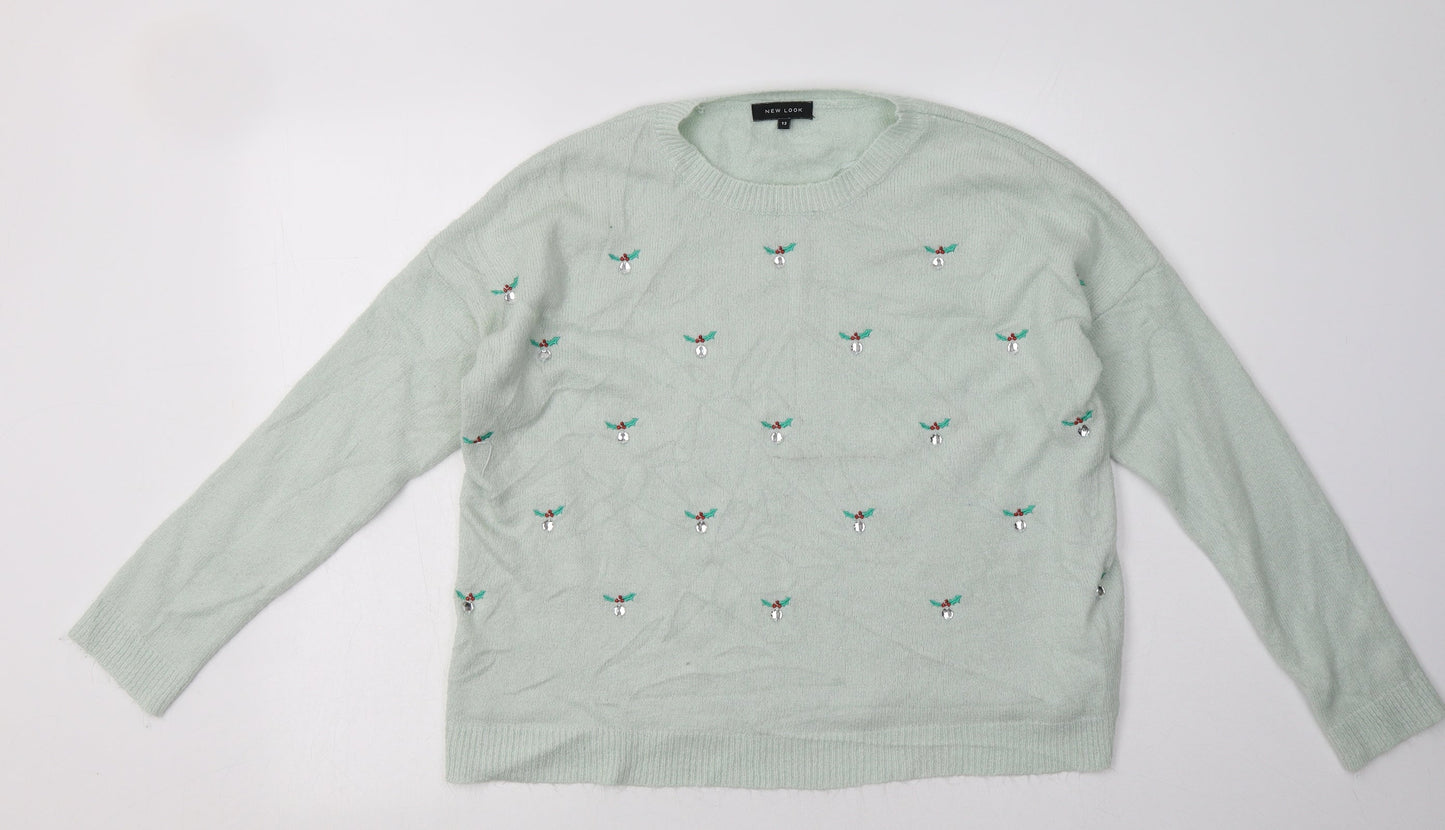 New Look Womens Green Geometric Acrylic Pullover Sweatshirt Size 12  Pullover