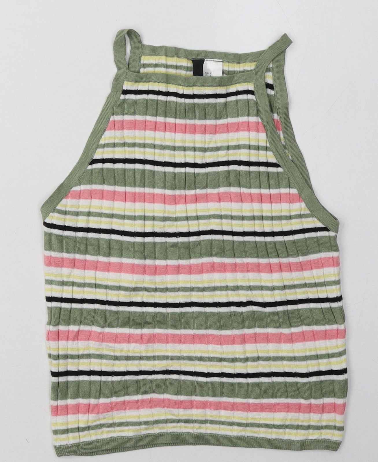 H&M Womens Green Striped Acrylic Cropped Tank Size S Crew Neck