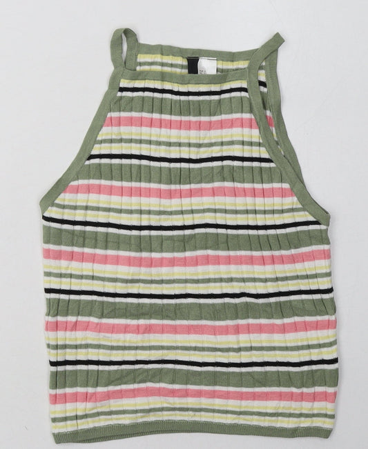 H&M Womens Green Striped Acrylic Cropped Tank Size S Crew Neck