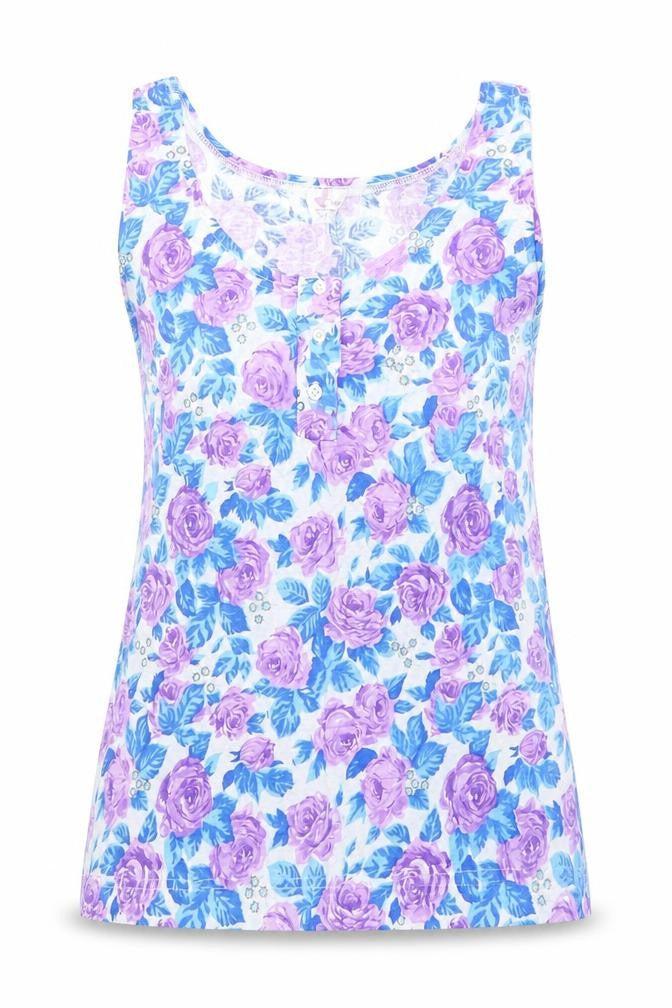 Memo Womens Purple Floral Cotton Basic Tank Size M Round Neck