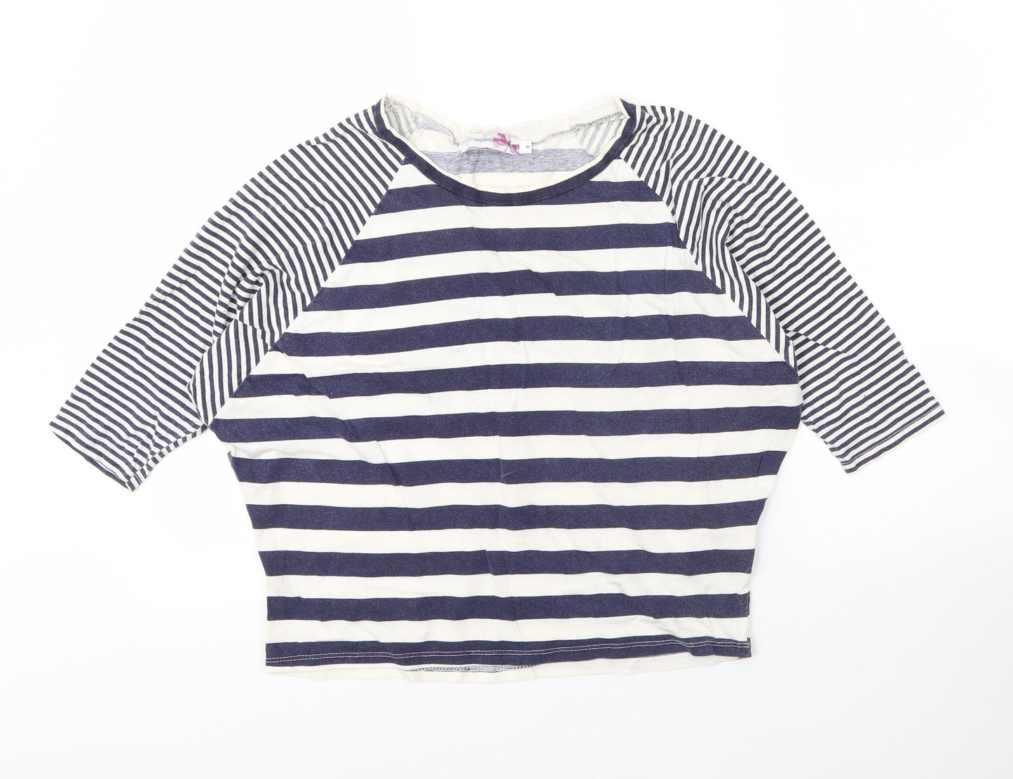 Internationale Womens Blue Striped Cotton Basic T-Shirt Size 8 Round Neck