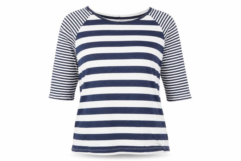 Internationale Womens Blue Striped Cotton Basic T-Shirt Size 8 Round Neck