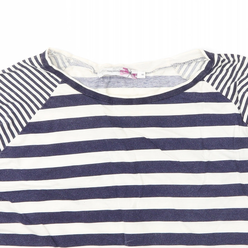 Internationale Womens Blue Striped Cotton Basic T-Shirt Size 8 Round Neck