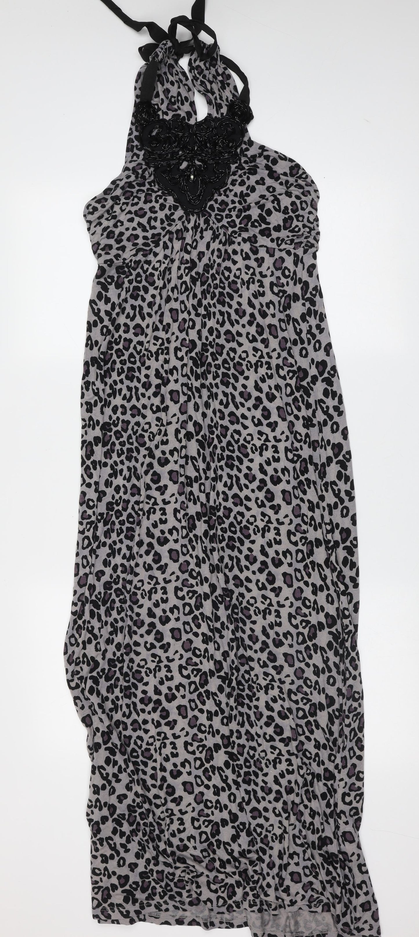 Oasis Womens Grey Animal Print Viscose Maxi  Size S  Round Neck  - beaded