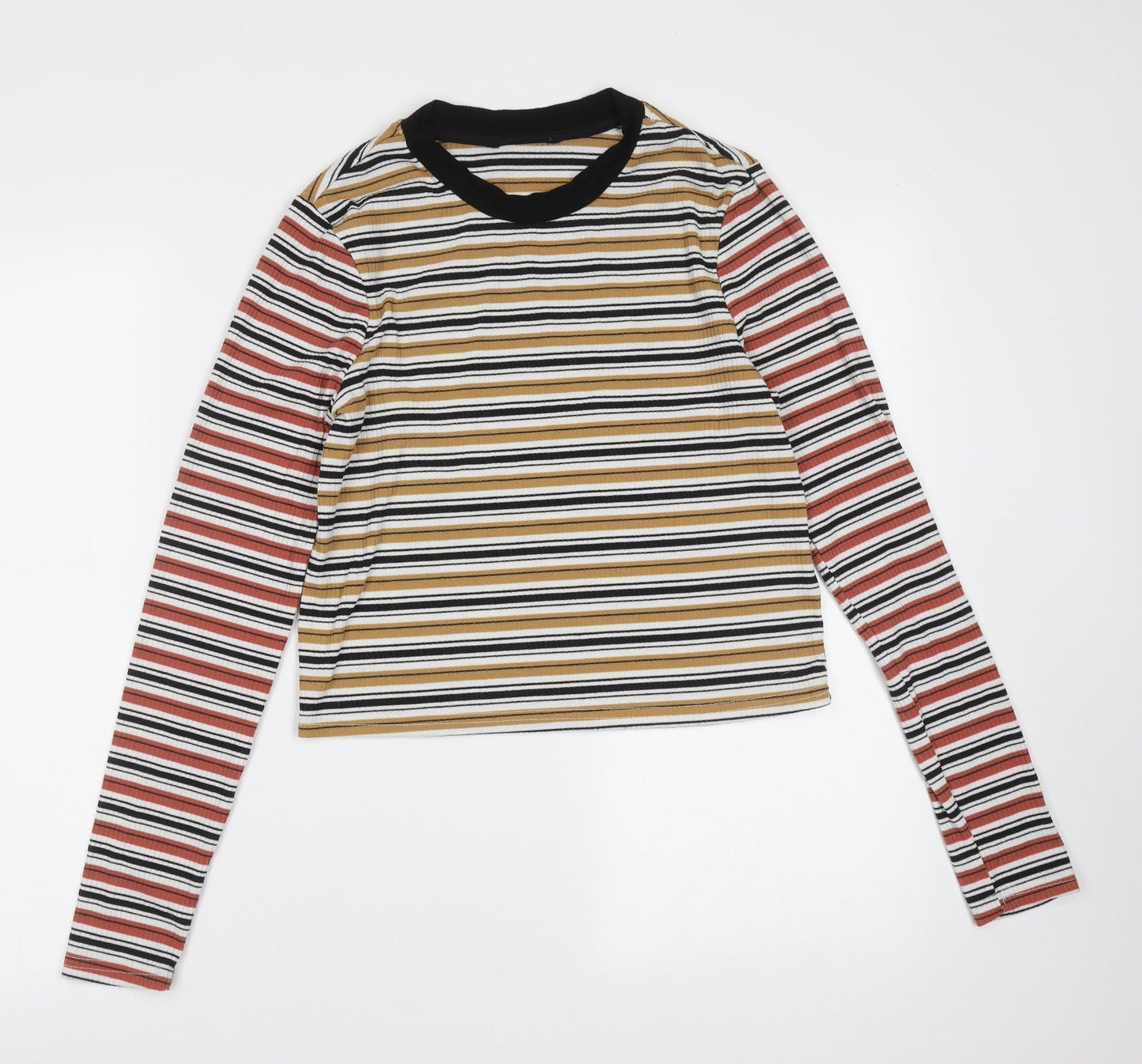 Preworn Womens Beige Striped Polyester Basic T-Shirt Size XS Round Neck