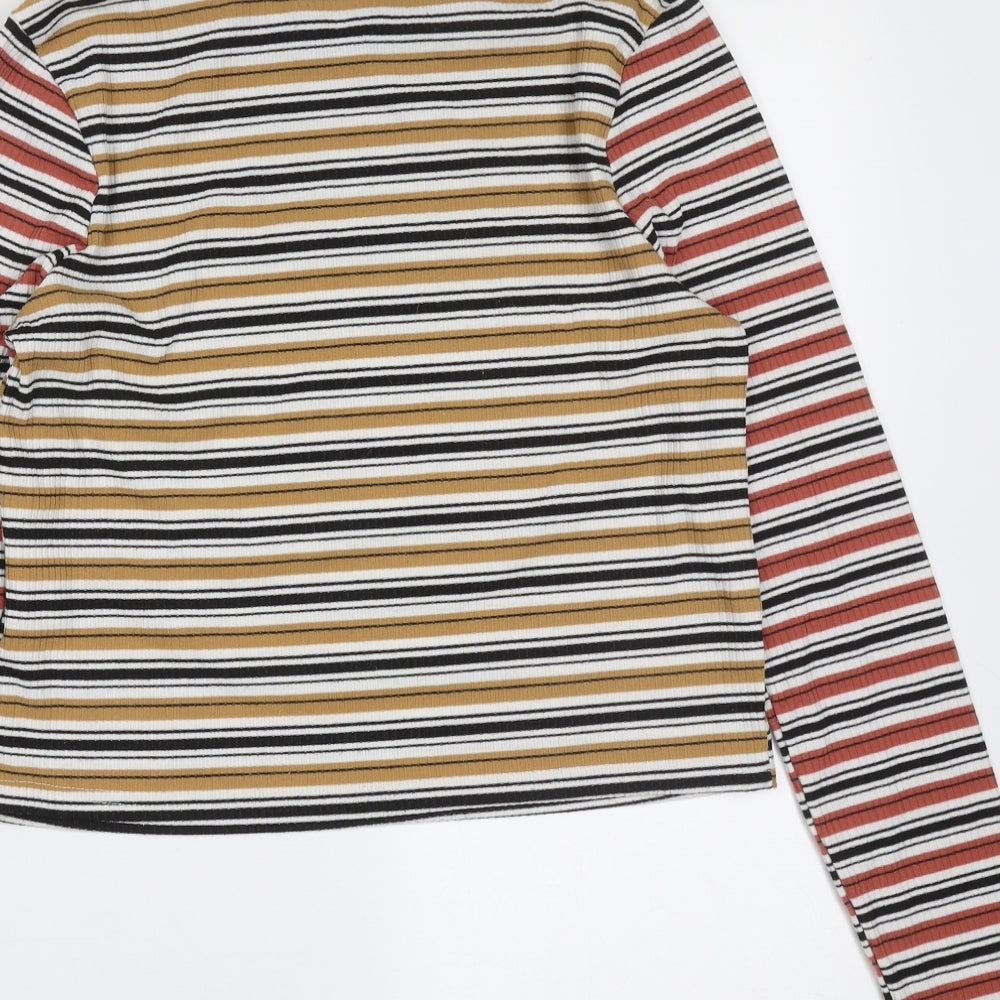 Preworn Womens Beige Striped Polyester Basic T-Shirt Size XS Round Neck