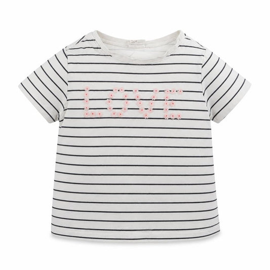 H&M Girls White Striped Cotton Basic T-Shirt Size 9-12 Months Round Neck  - love