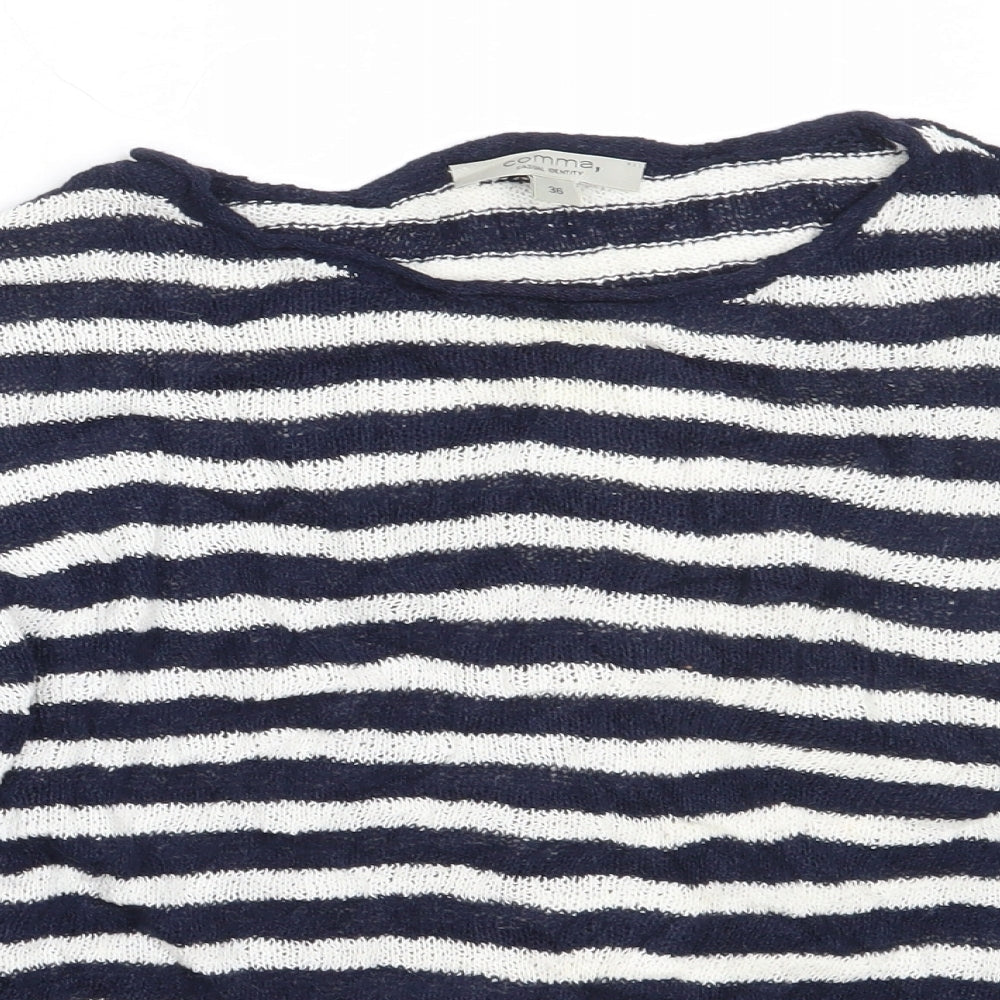 Comma Womens Blue Round Neck Striped Cotton Pullover Jumper Size 36