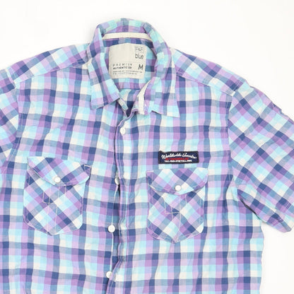 Preloved F&F Mens Blue Check Cotton  Button-Up Size M Collared - Detail