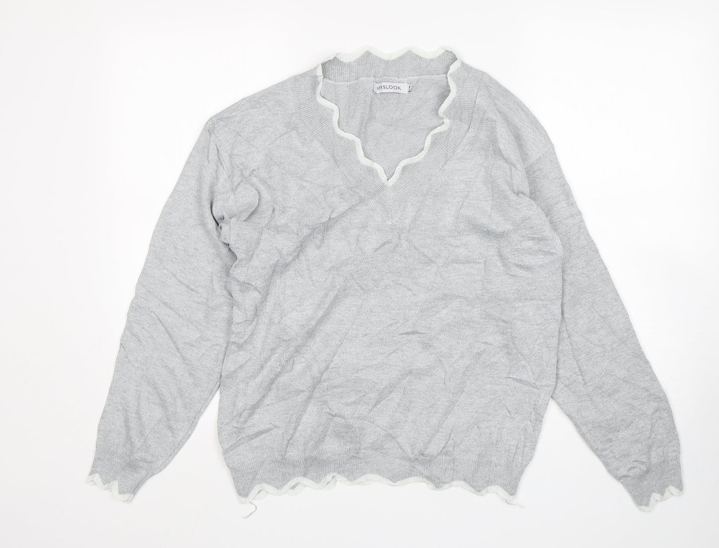 MissLook Womens Grey V-Neck  Cotton Pullover Jumper Size M