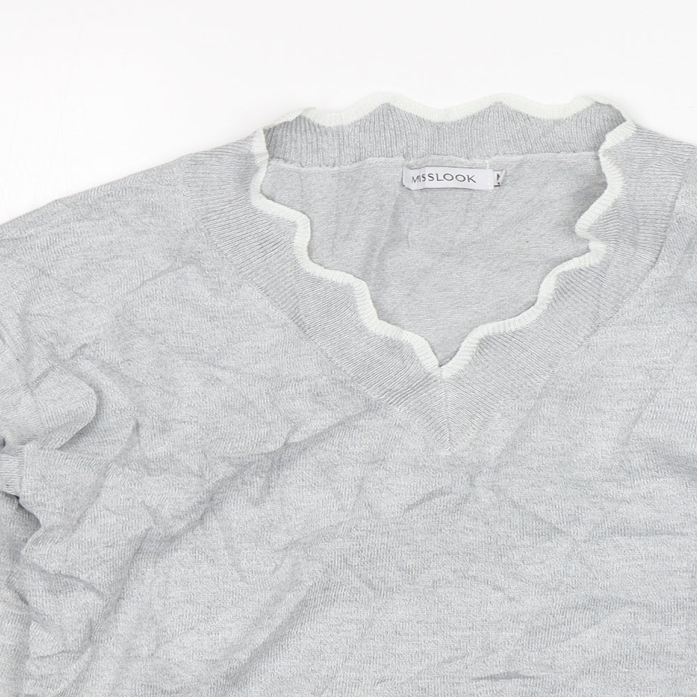 MissLook Womens Grey V-Neck  Cotton Pullover Jumper Size M